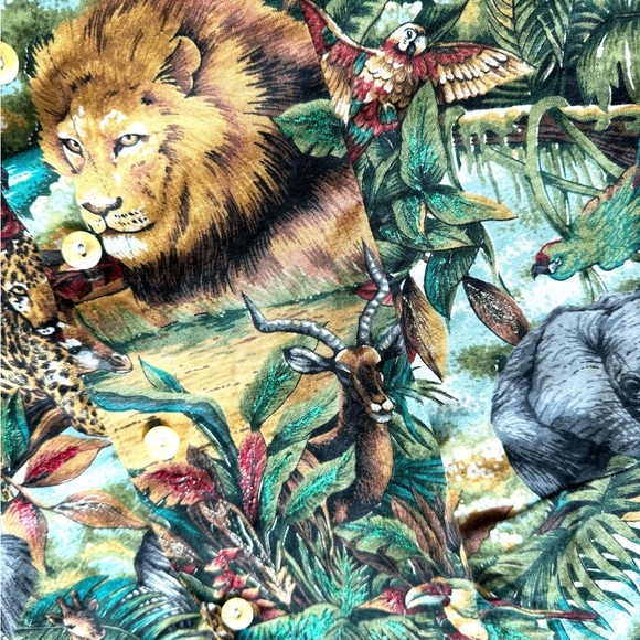 Green and brown jungle safari blouse with animal figures print. - Picture 6 of 8
